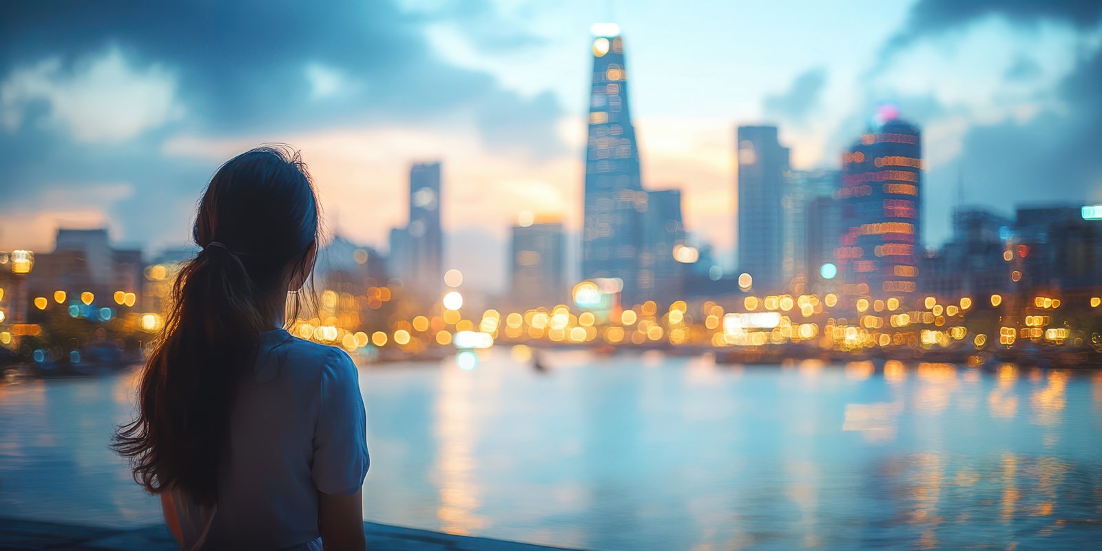City skyline at dusk with person gazing over water reflecting city lights